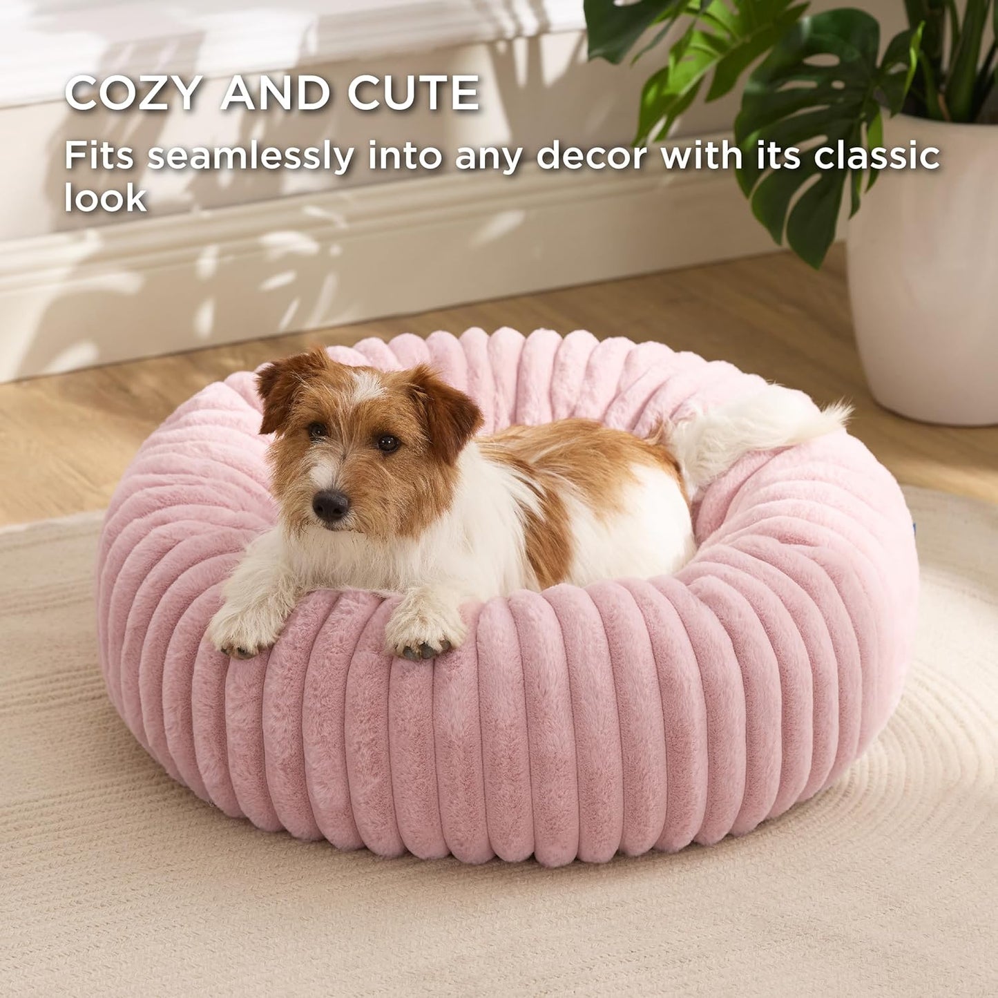 Bedsure Donut Small Dog Bed - Dog Beds for Small Dogs with Corduroy Fleece & Anti Slip Bottom, Round Faux Fur Pet Beds with Washable Removable Cover, Blush Pink, 27x27x8 inches