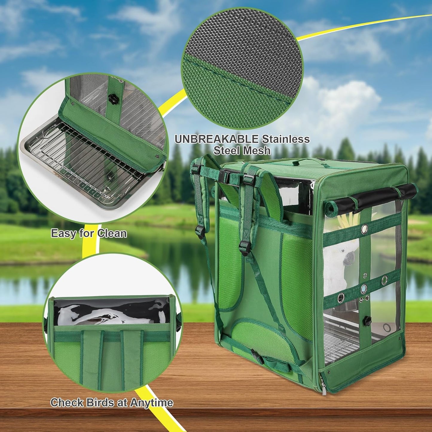 Suertree Bird Carrier Travel Cage, Cockatoo Carrier, Parrot Travel Backpack with Unbreakable Stainless Steel Mesh, Perch, Water Bottle and Food Bowl, X-Large Green