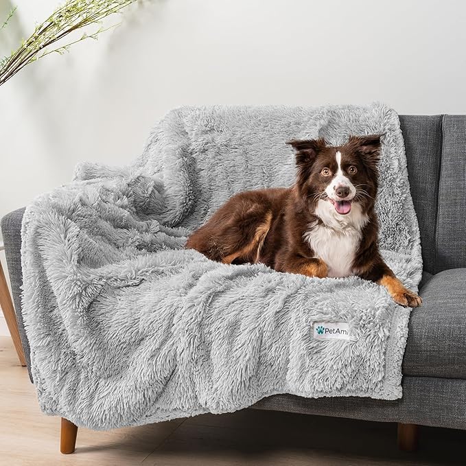 PetAmi Waterproof Dog Blanket for Large Dog, Queen Size Calming Pet Blanket Couch Cover Protector, Sherpa Faux Fur Cat Throw for Sofa Furniture Bed, Soft Fluffy XL, 90x90 Light Gray