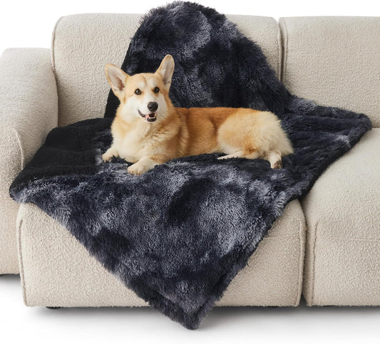 Bedsure Waterproof Dog Blankets for Large Dogs - Calming Cat Blanket for Couch Protector Washable, Long Faux Fur Pet Throw Blanket for Puppy, Reversible Furniture Protection, 40"x50", Tie-dye Black