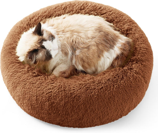 Bedsure Calming Cat Beds for Indoor Cats - Small Cat Bed Washable 20 inches, Anti-Slip Round Fluffy Plush Faux Fur Pet Bed, Fits up to 15 lbs Pets, Copper