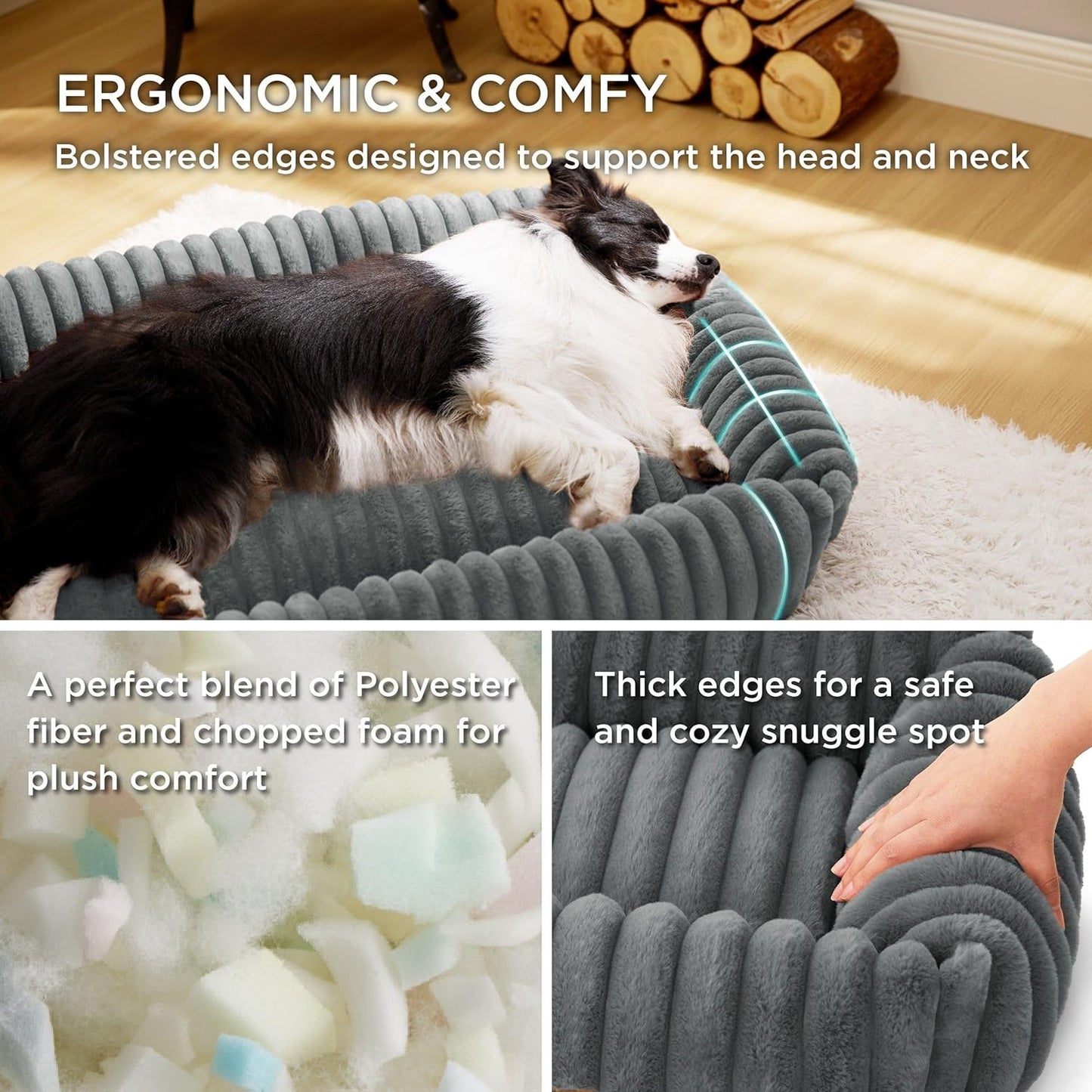 Bedsure Cute Dog Bed for Large Dogs - Washable Furry Puppy Beds, Rectangle Orthopedic Corduroy Fleece Pet Beds with Removable Zipper Cover, 36x27x8inches, Warm Grey