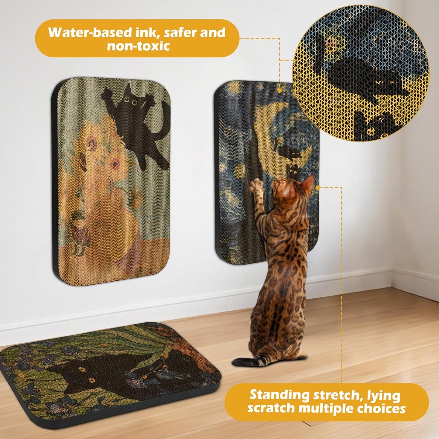 Art Cat Scratcher, 3 Packs Wall-Mountable Art Cat Scratching Board with Box, Cat Wall Scratcher, Cat Scratch Pad, Cardboard Cat Scratchers for Indoor Cats Toy Furniture Protector