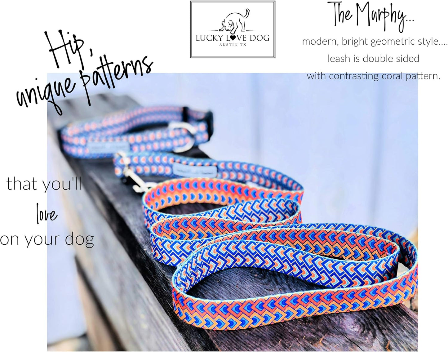Lucky Love Dog, Bold Matching Dog Collar and Leash Set, Soft & Adjustable, Geometric Pattern Collar and Leash for Male Female Dogs - (Small, Murphy Combo)