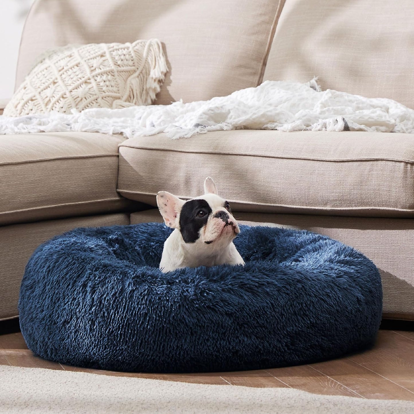 Bedsure Calming Dog Bed for Small Dogs - Donut Washable Small Pet Bed, 23 inches Anti-Slip Round Fluffy Plush Faux Fur Large Cat Bed, Fits up to 25 lbs Pets, Navy