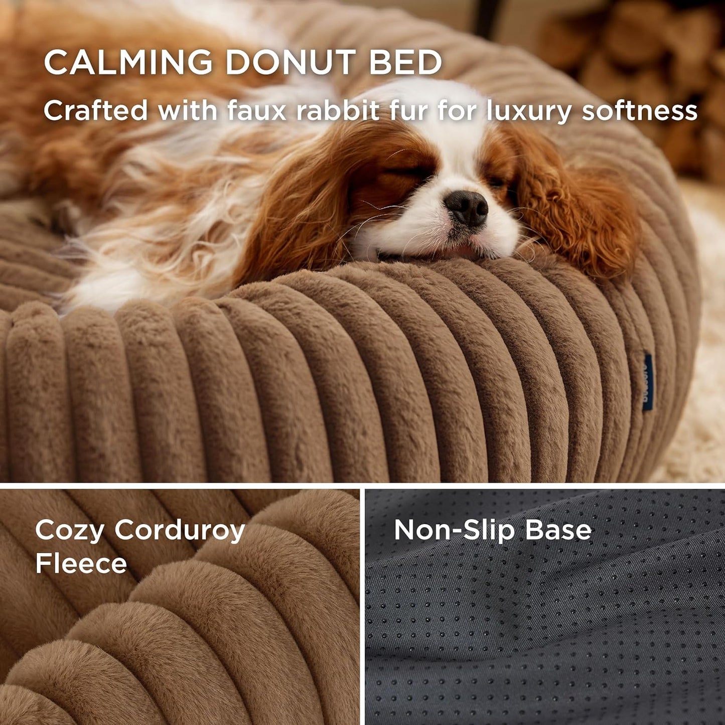 Bedsure Donut Small Dog Bed - Dog Beds for Small Dogs with Corduroy Fleece & Anti Slip Bottom, Round Faux Fur Pet Beds with Washable Removable Cover, Copper Brown, 23x23x7 inches