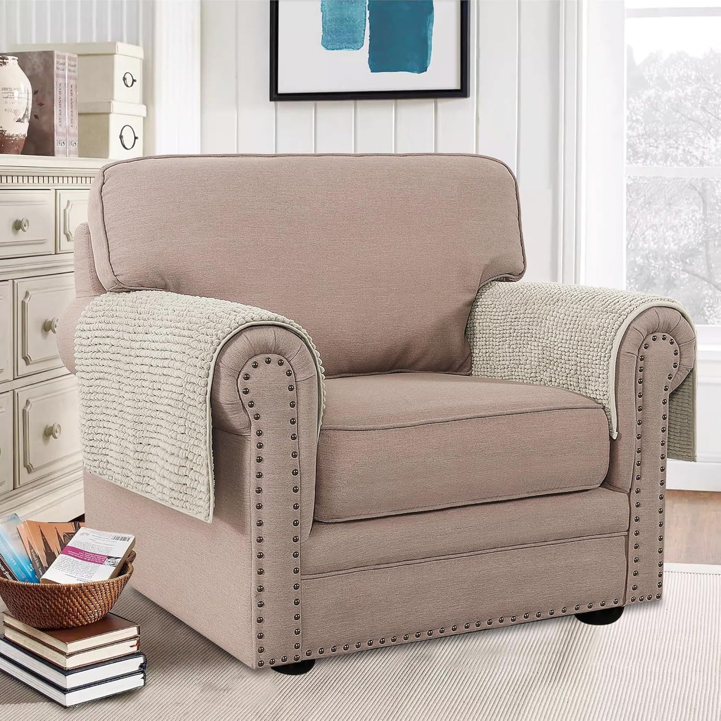 H.VERSAILTEX Plush Chenille Couch Armrest Cover 2 Packs Thick and Soft Sofa Covers Furniture Protector Cover for Pets (27.5" x 27.5", Oatmeal)