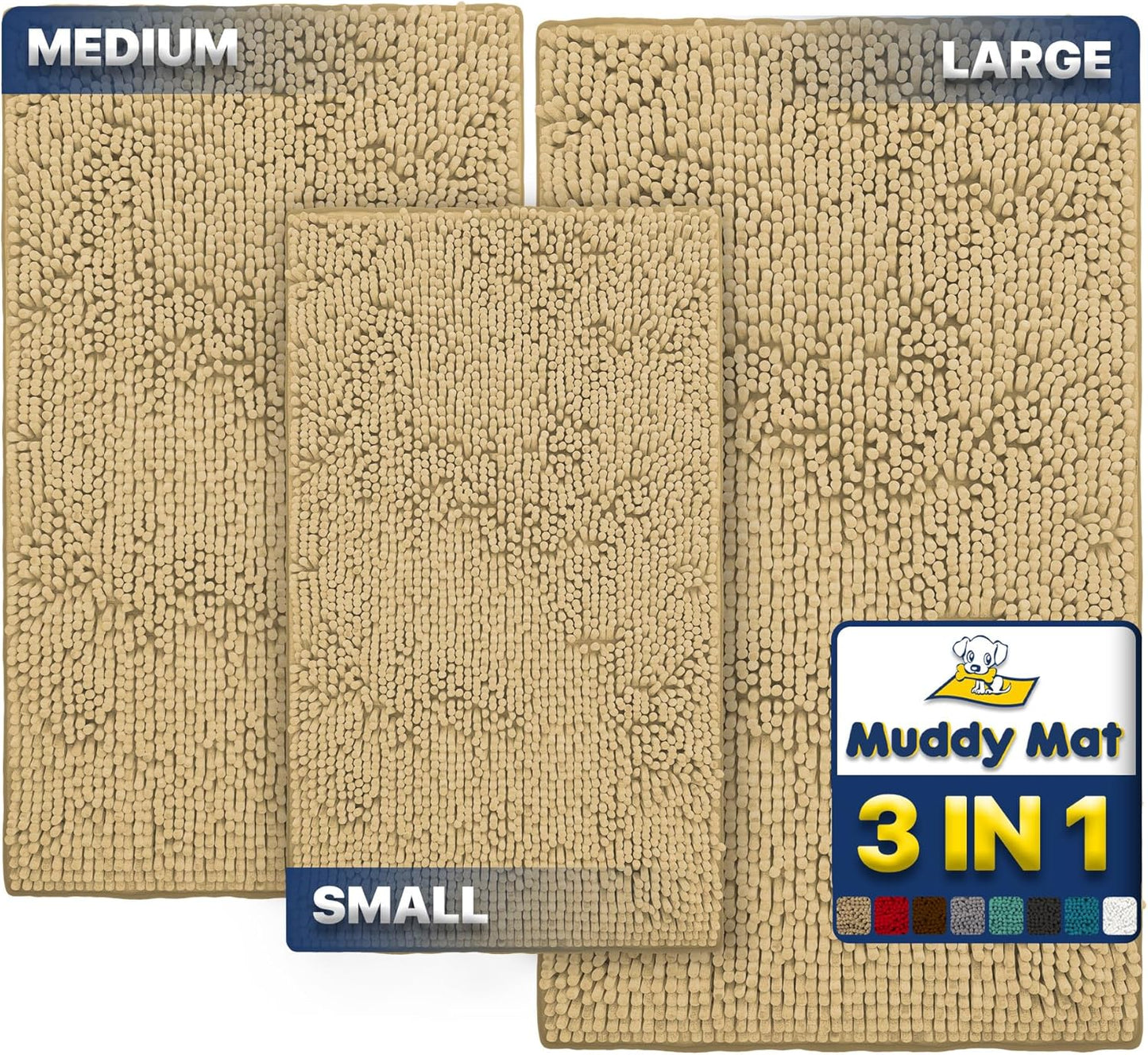 Muddy Mat® Pack of 3 Highly Absorbent Microfiber Dog Door Mat and Pet Rug, Non Slip Thick Washable Area Mat Soft Chenille for Kitchen Bathroom Bedroom and Outdoor - Beige Small, Medium & Large