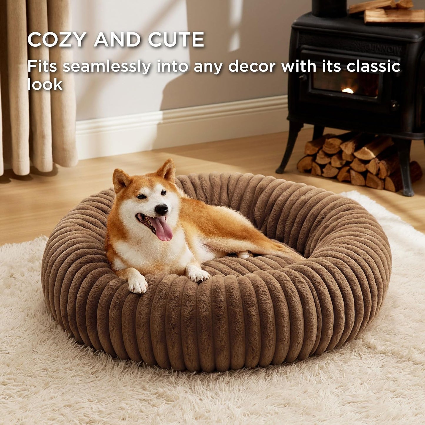 Bedsure Donut Large Dog Bed - Washable Faux Fur with Corduroy Fleece & Anti Slip Bottom, Round Pet Bed with Removable Cover, Copper Brown, 36x36x10 inches