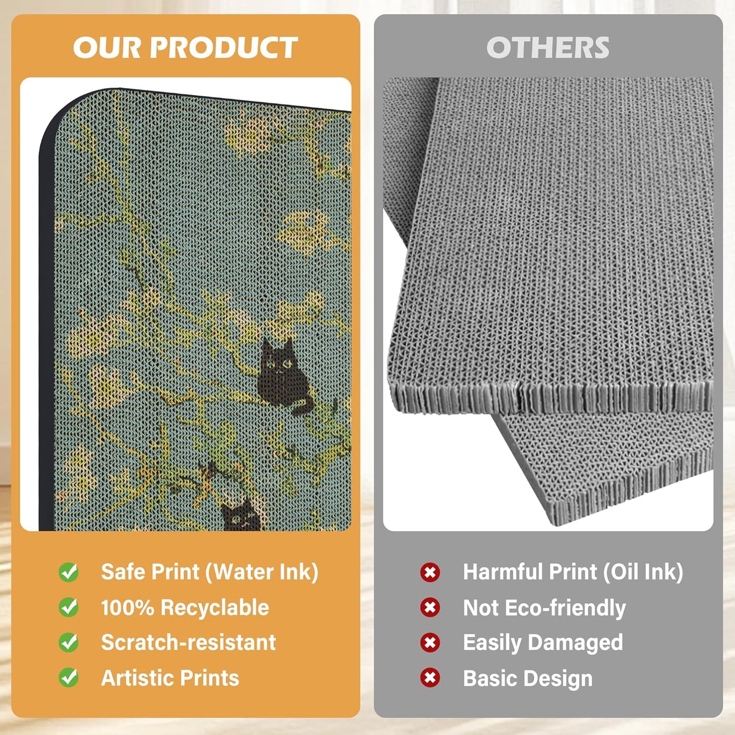 Art Cat Scratcher, Wall-Mountable Cat Scratching Board, Cat Wall Scratcher 16.7x11x1 Inch Cat Scratch Pad and Cat Scratchers for Indoor Cats Toy Furniture Protector（Almond Blossom）