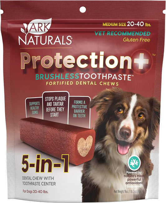 ARK NATURALS Protection Plus Brushless Toothpaste for Medium Breeds, 18 oz Bag, Dog Dental Chew with Toothpaste Center, Prevent Plaque & Tartar, Freshen Breath