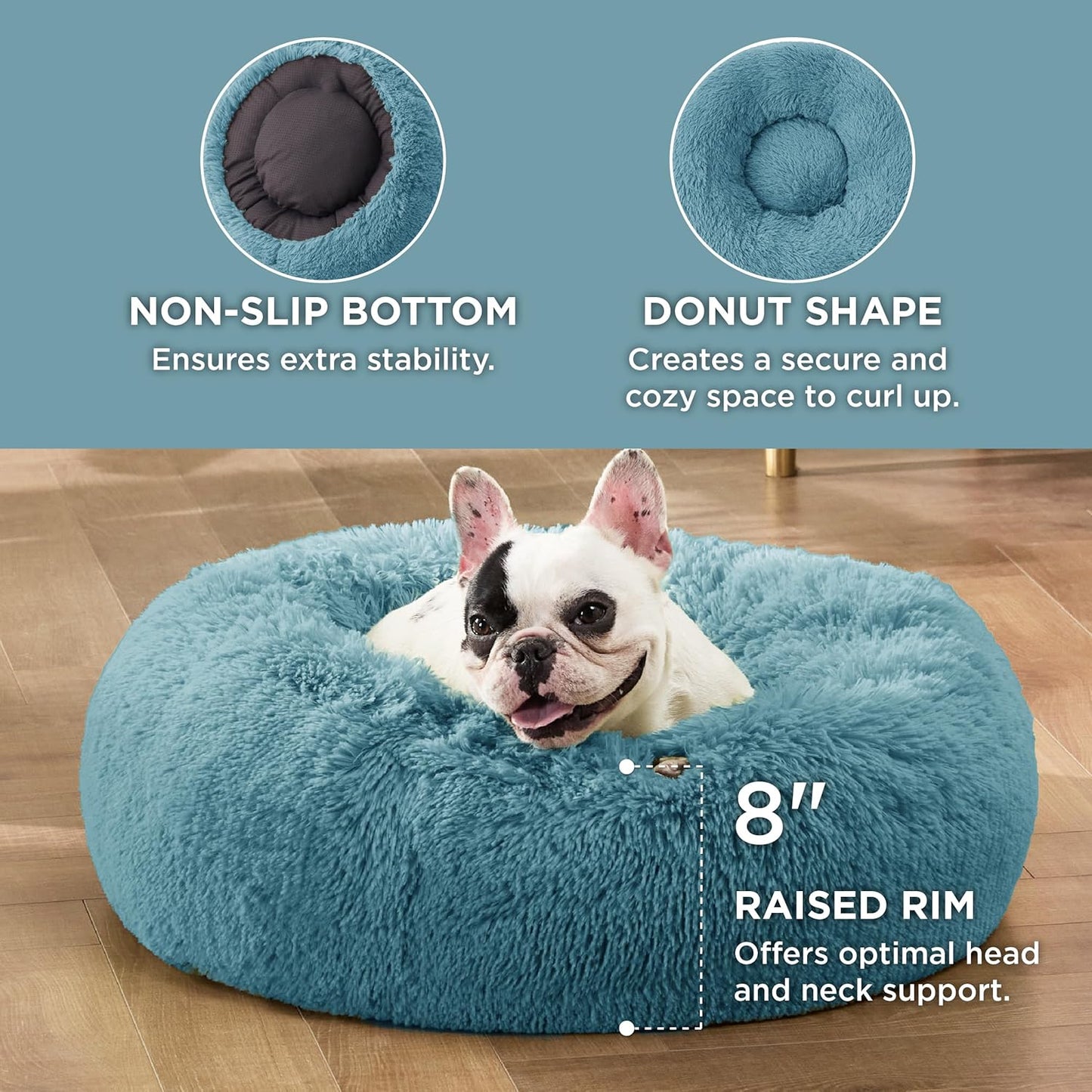 Bedsure Calming Dog Bed for Small Dogs - Donut Washable Small Pet Bed, 23 inches Anti-Slip Round Fluffy Plush Faux Fur Large Cat Bed, Fits up to 25 lbs Pets, Washed Blue