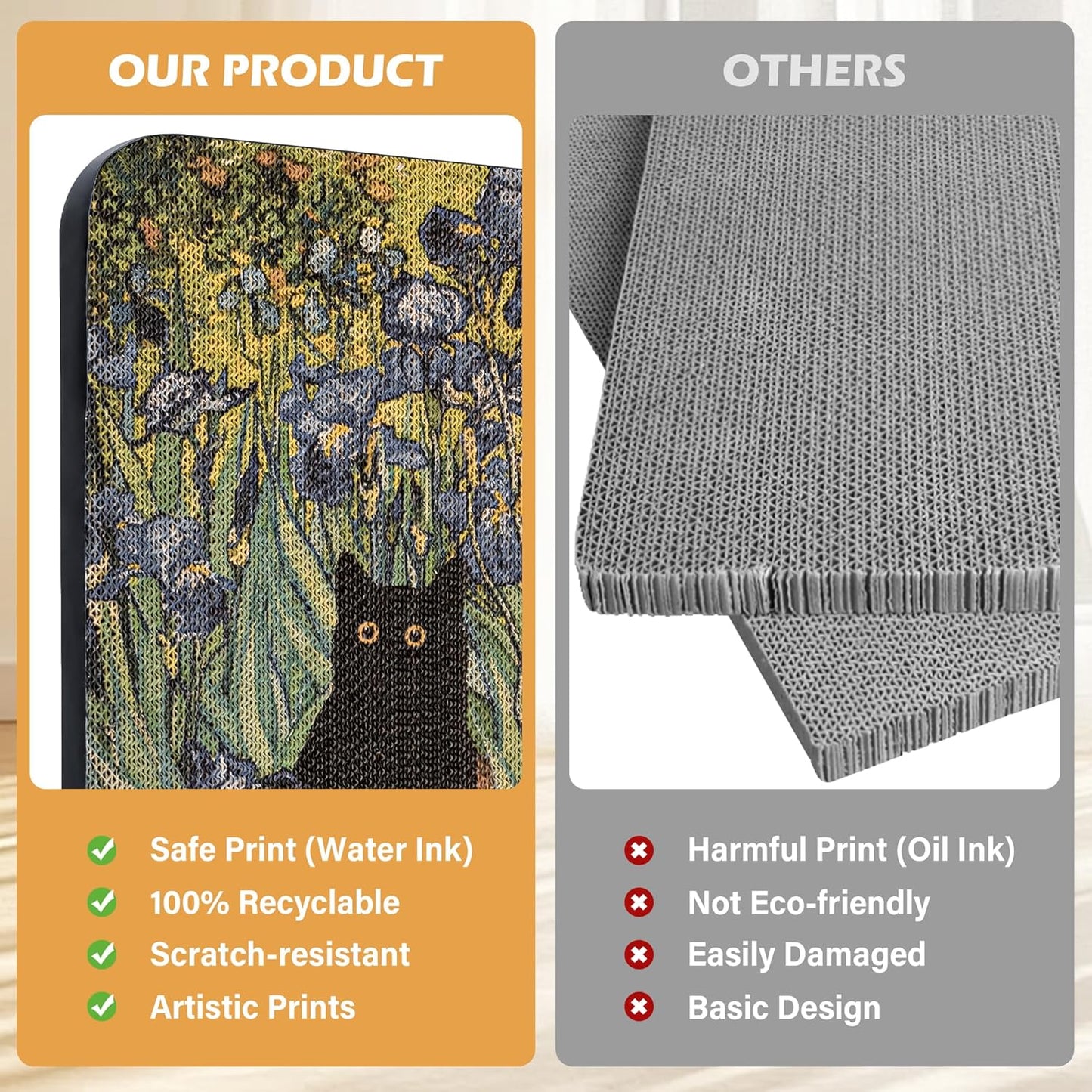 Art Cat Scratcher, Wall-Mountable Cat Scratching Board, Cat Wall Scratcher 16.7x11x1 Inch Cat Scratch Pad and Cat Scratchers for Indoor Cats Toy Furniture Protector（Irises）