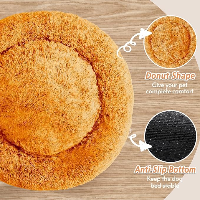 JOLLYVOGUE Calming Dog & Cat Bed for Small Dogs, Anti-Anxiety Donut Cuddler Cozy Soft Round Bed with Anti-Slip Bottom, Fluffy Faux Fur Plush Cushion Beds for Small Medium Pets (23")