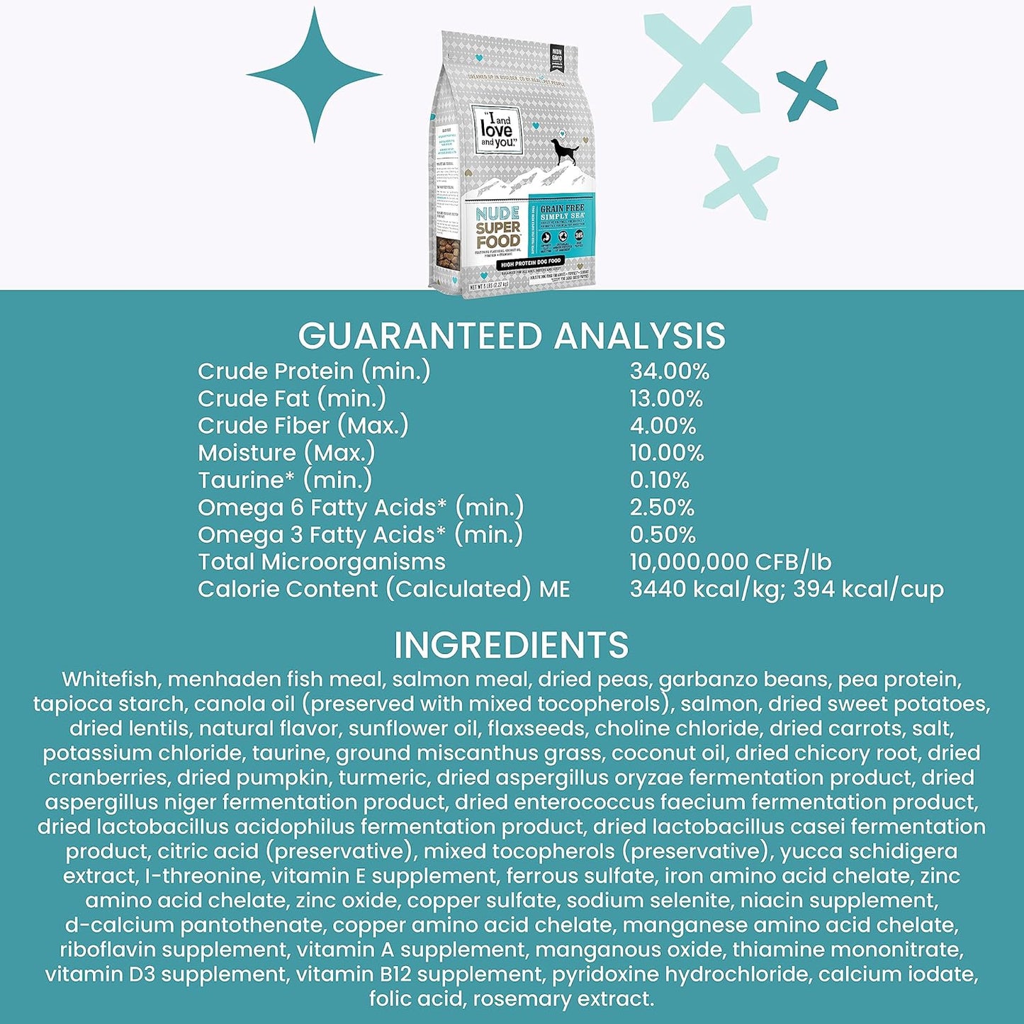 I and love and you Nude Super Food Dry Dog Food - Salmon + Whitefish - Prebiotic + Probiotic, Grain Free, Real Meat, No Fillers, 5lb Bag
