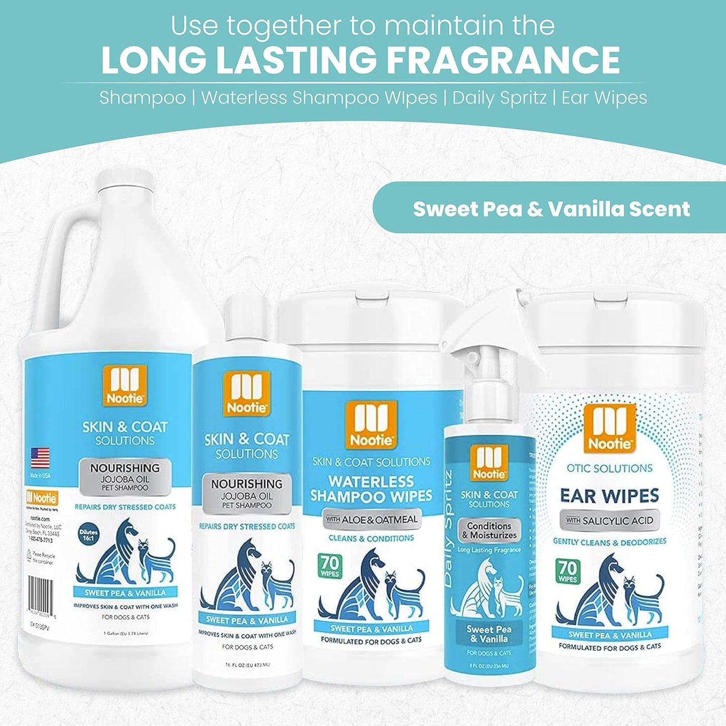 Nootie Waterless Shampoo Wipes for Dogs & Cats - Value Pack, 210 Count - Long Lasting Sweet Pea Vanilla Fragrance - Sold in Over 10,000 Vet Clinics and Pet Stores Worldwide, Made in USA