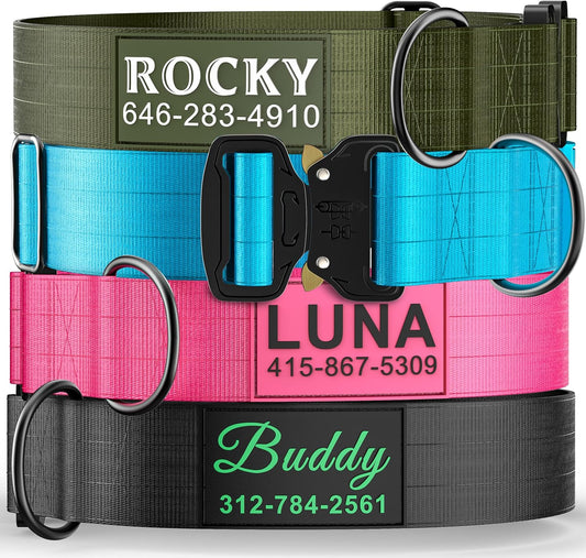 Personalized Tactical Dog Collar for Large Dogs, Heavy Duty Military Collar with Name, Made of Thick Nylon and Strong Metal Buckle for Maximum Durability, Available in Pink, Blue, Black, and Green