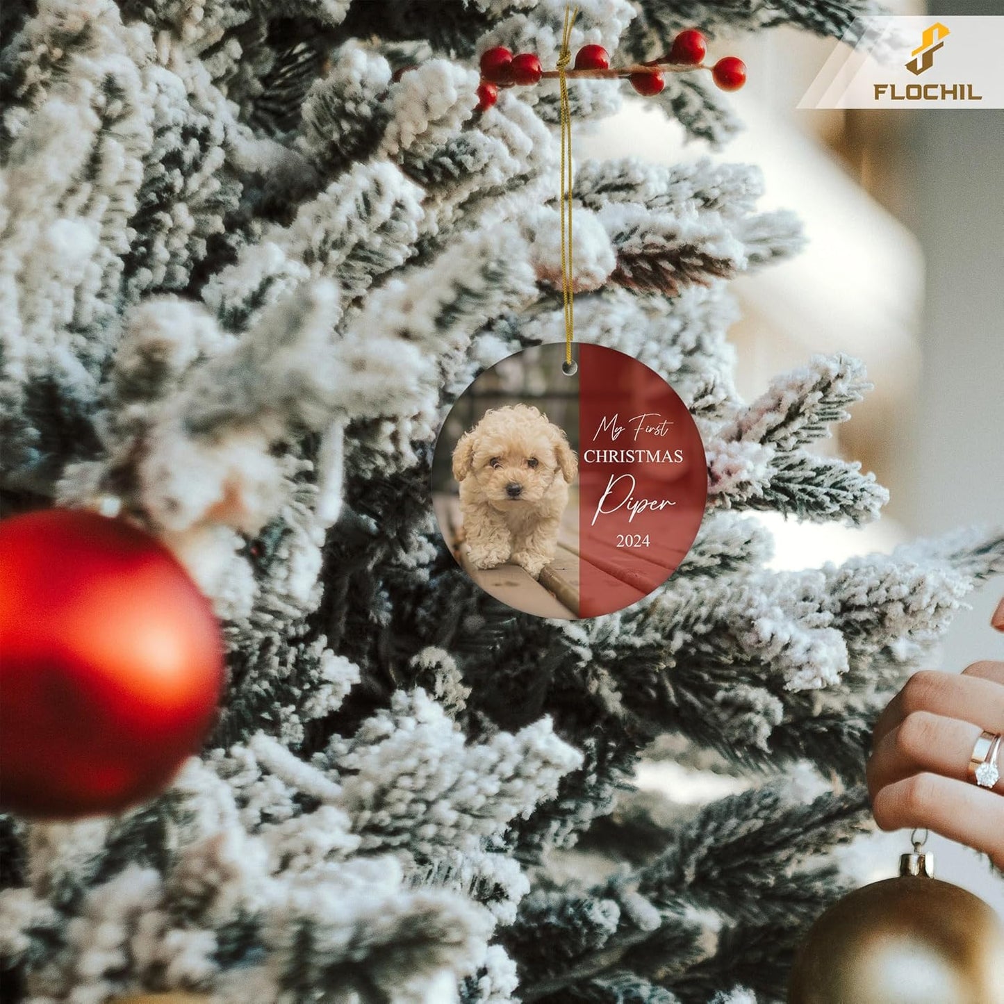FLOCHIL Personalized Dog Christmas Ornaments, Custom Photo Name for Christmas Trees, Dog First Christmas Ornaments, Best Gifts for Pet Lovers