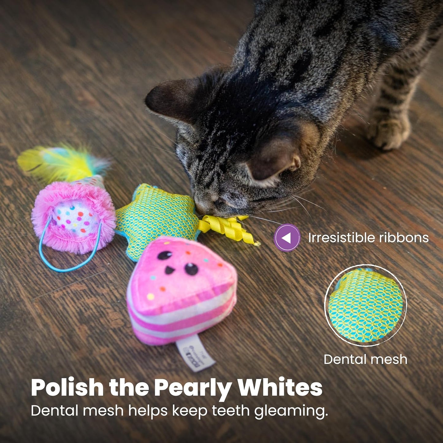 Catstages Happy Purrthday Cat Toys, 3-Pack Catnip Plush Toys with Crinkle, Feathers & Dental Mesh, Multicolored