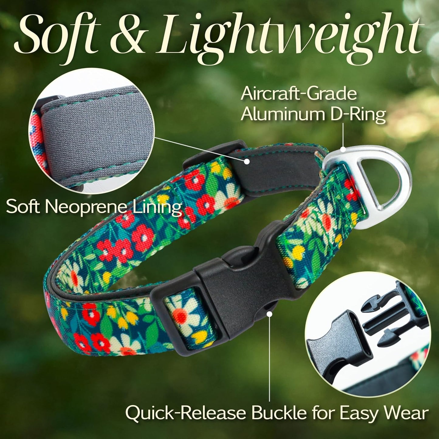 Medium Dog Collar with Reflective Logo and Soft Padded Neoprene,Floral Print Design, Adjustable,Lightweight & Durable, Neck Size 12’’-20’’ (Floral, M)