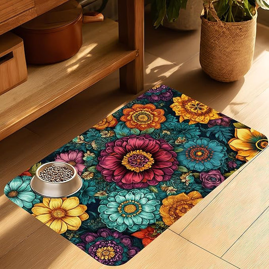 Vintage Floral Pet Feeding Mat-Quick Dry Absorbent Dog Cat Food Mat, Anti-Slip Water Bowl Mats for Messy Eaters-No Stains Indoor Pet Accessories 16"x24"