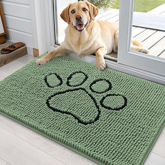 OLANLY Door Mat for Muddy Dog Paws 36x24, Absorbent Chenille Doormat with Paw Print Design, Non-Slip Washable Doormat for Indoor Entryway, Quick-Dry Pet Bed Mats for Dirty Dogs, Olive Green and Black