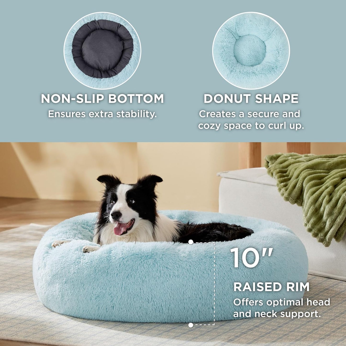 Bedsure Calming Dog Bed for Large Dogs - Donut Washable Large Pet Bed, 36 inches Anti-Slip Round Fluffy Plush Faux Fur Dog Bed, Fits up to 80 lbs Pets, Aqua Blue