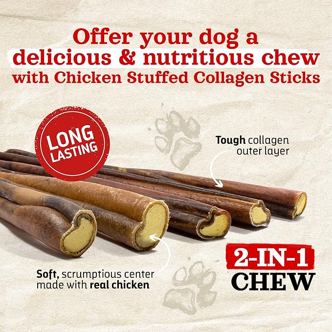 Natural Farm Chicken Stuffed Collagen Sticks with Real Chicken for Dogs (6 Inch, 5-Pack), Rawhide-Free Collagen Sticks, Odor-Free Natural Dog Chews, Long Lasting, for Small, Medium and Large Dogs