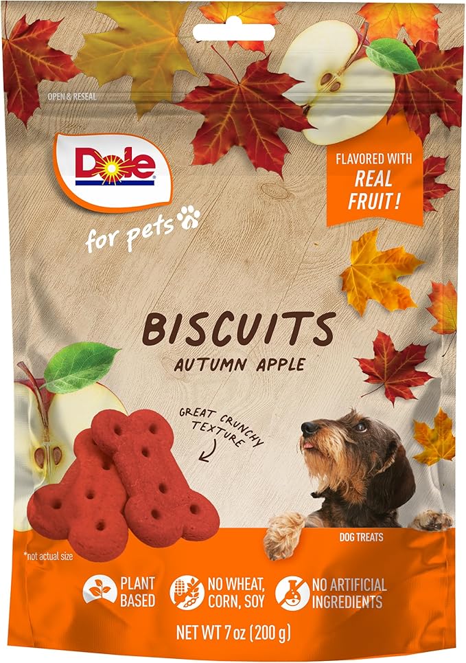 Dole for Pets Dog Biscuits, Autumn Apple Flavor, Flavored with Real Fruit, No Wheat, Corn, Soy, Artificial Flavors, Colors, or Preservatives, 7 Oz