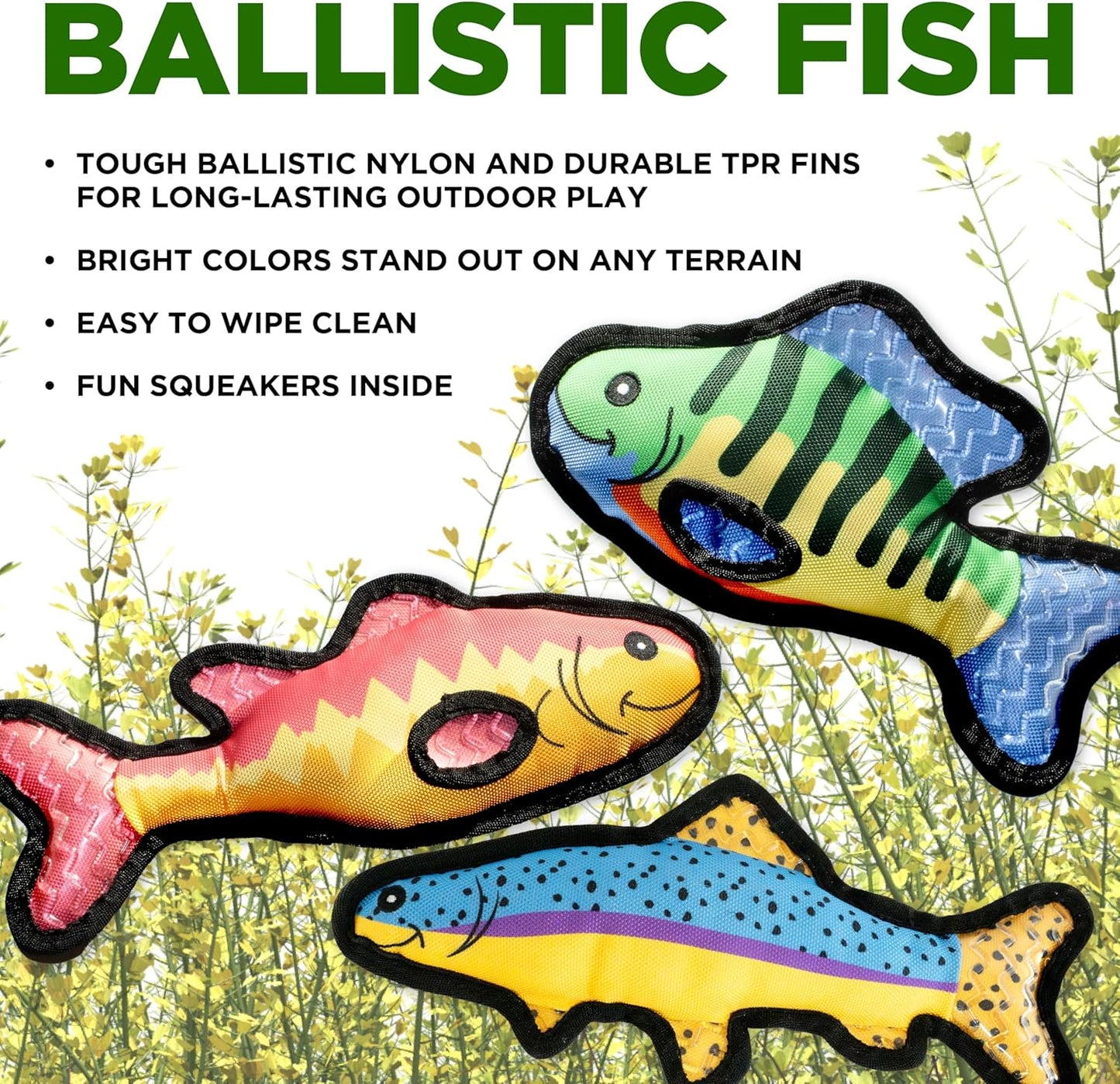 Dog Toys | Plush Toy Fish Trout, Bass, Bluegill Stuffed Animal for Dogs, Value 3-Pack | Outdoor Toy - Easy to Clean and Made from Non Toxic Materials