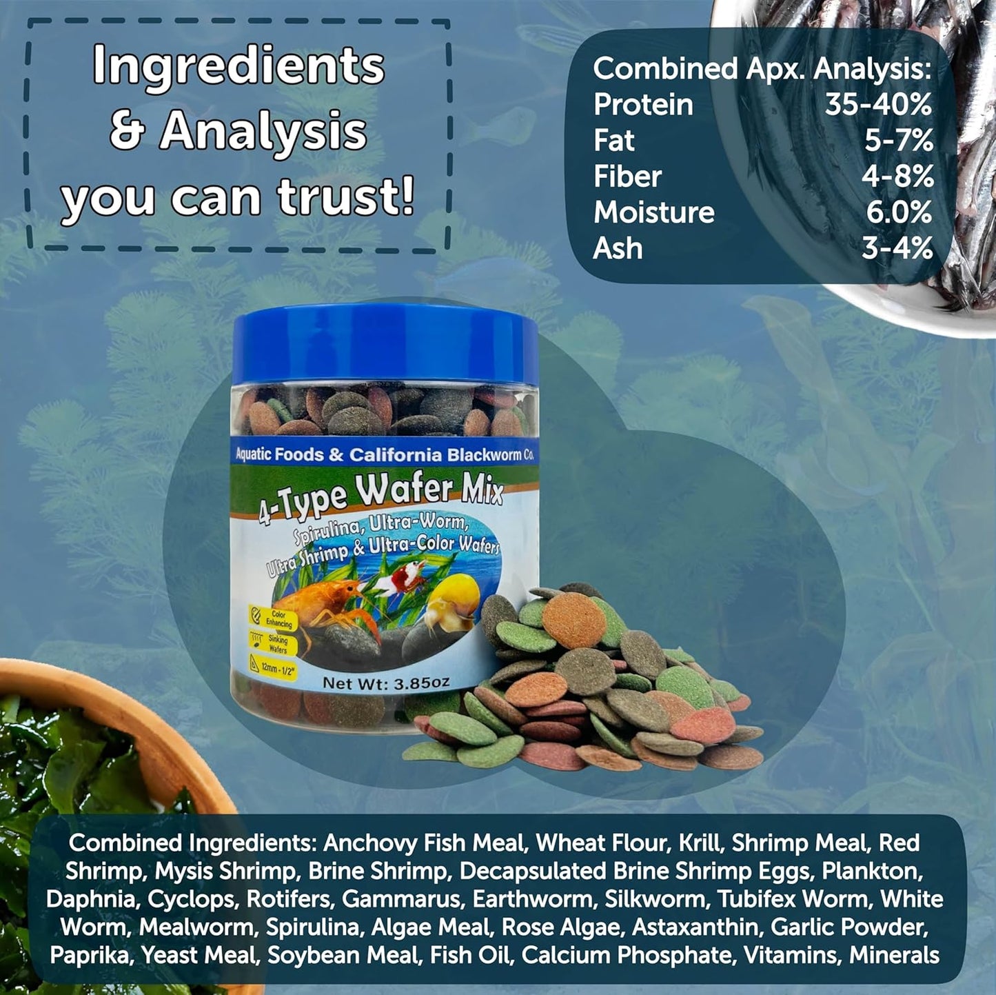 Aquatic Foods Inc. 4-Type 12mm - 1/2" Sinking Wafer Mix of Spirulina-Algae, Ultra-Worm, Shrimp, Color Enhancing for Shrimp, Snails, Crabs, Crayfish, Bottom Fish, 12-Type Pellet Mix Included...1-lb 6oz