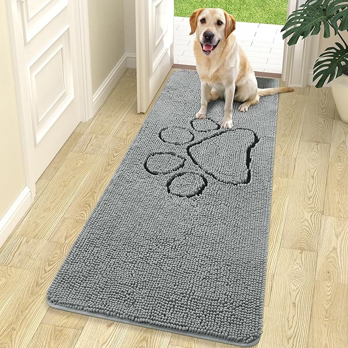 OLANLY Door Mat for Muddy Dog Paws 70x24, Ultra Absorbent Chenille Mud Doormat with Paw Print Design, Non-Slip Washable Doormat for Indoor Entryway, Quick-Dry Pet Bed Mats for Dirty Dogs, Grey