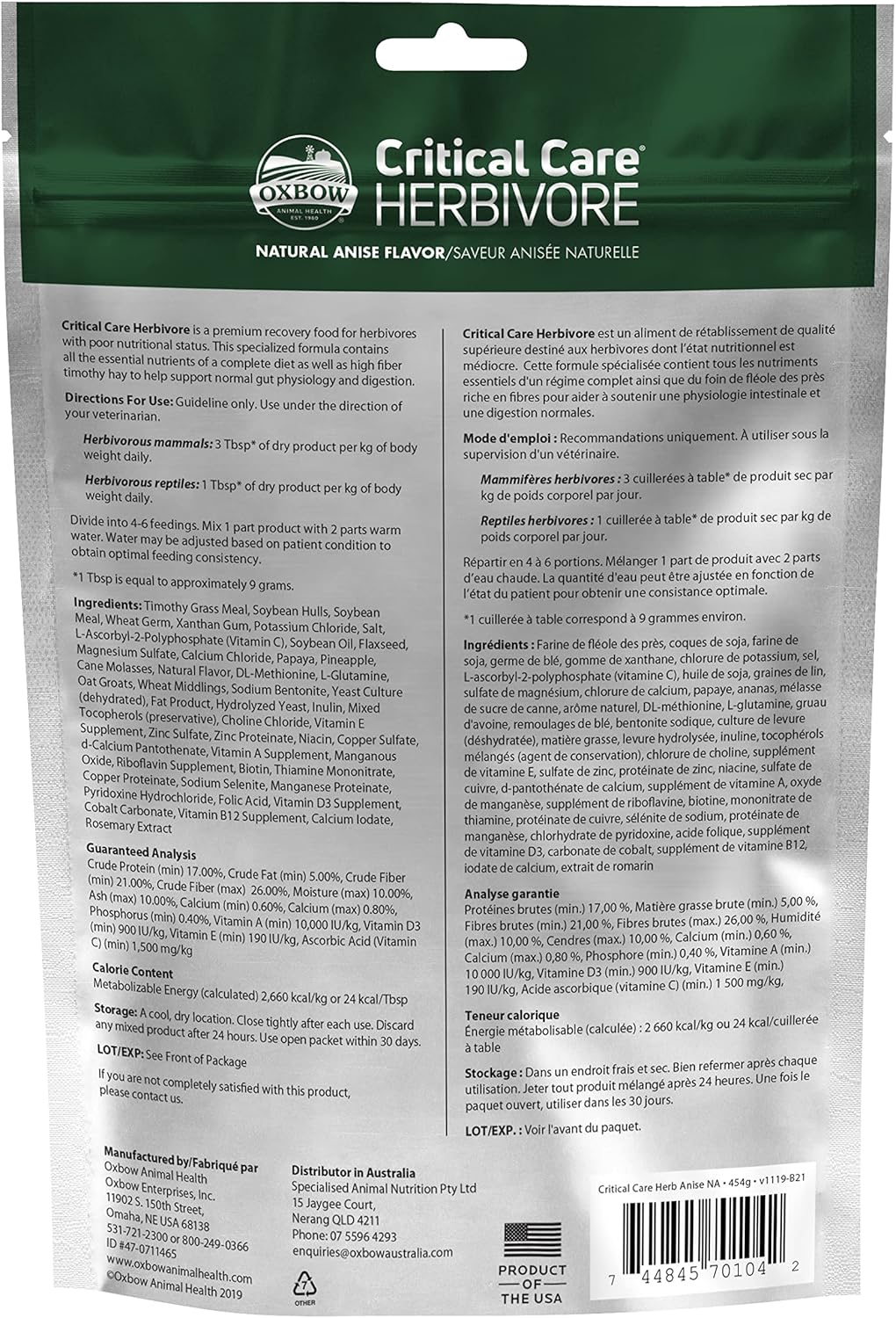 Oxbow Critical Care Herbivore, Emergency Guinea Pig Food, Rabbit Food for Recovery, Natural Anise Flavor, Veterinary Formula, Critical Care for Guinea Pig Emergency Kit, 454 gram bag