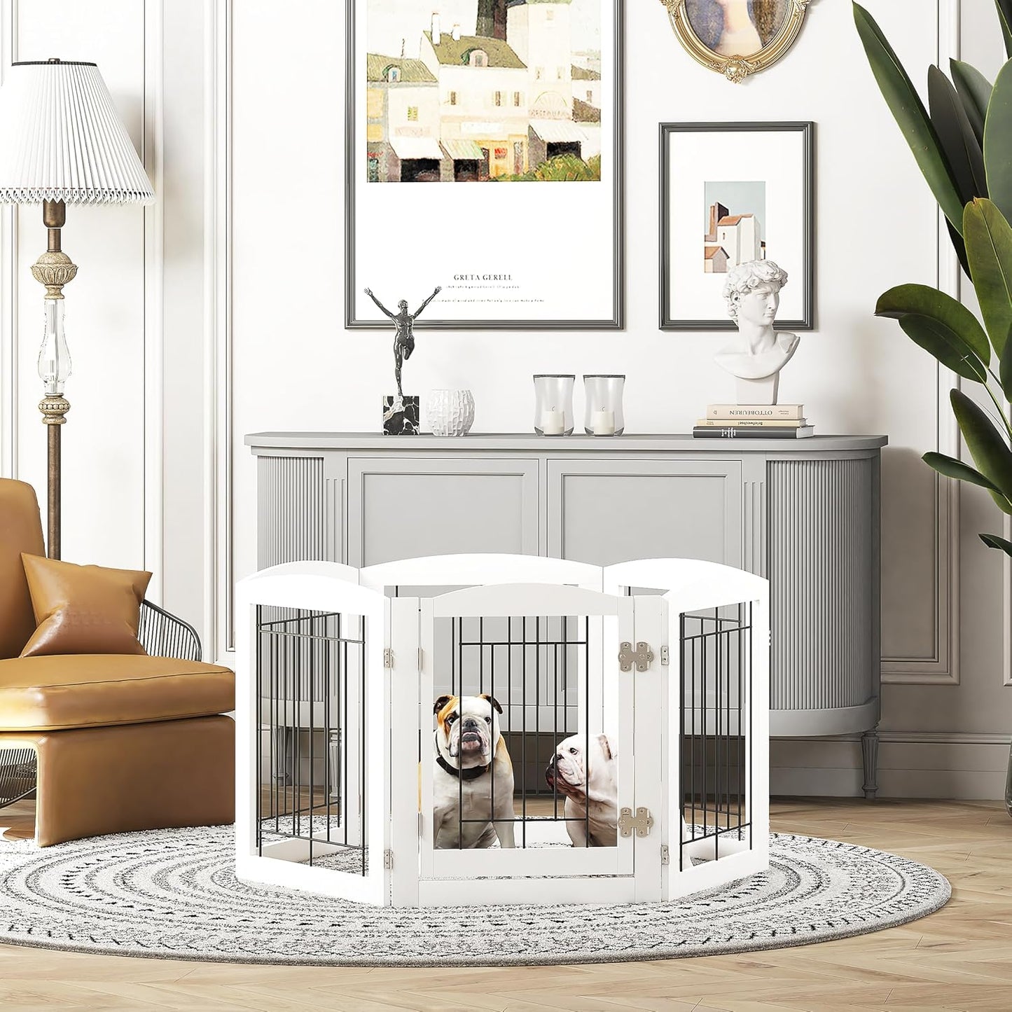 PAWLAND 6 Panels Dog Gate Indoor with Walk Through Door, Foldable FreeStanding Pet Gate for Doorways, Stairs, The Houes, Pet Puppy Safety Fence, 120 in Extra Wide, Support Feet Included, White