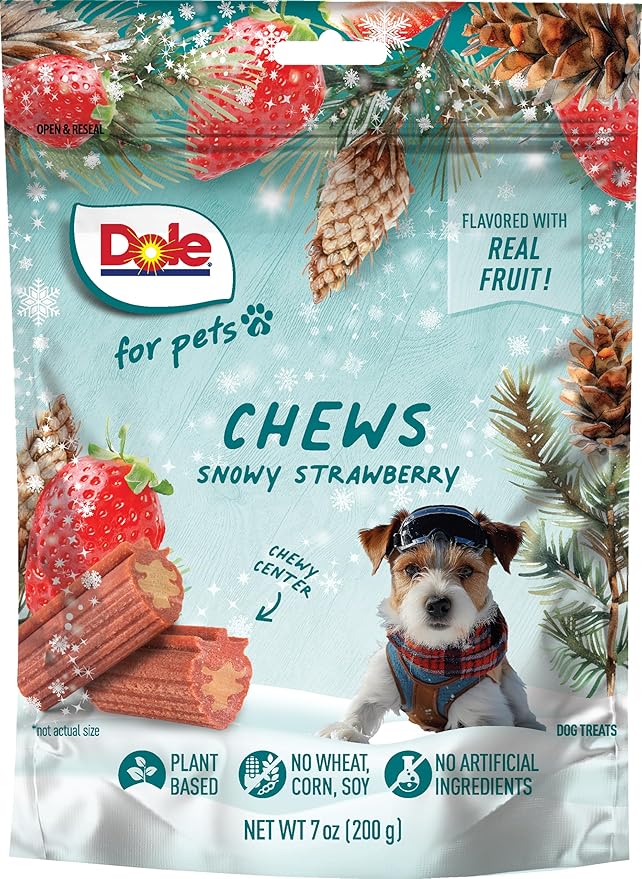 Dole for Pets Dog Chews, Snowy Strawberry, Flavored with Real Fruit, No Wheat, Corn, Soy, Artificial Flavors, Colors, or Preservatives, 7 Ounce