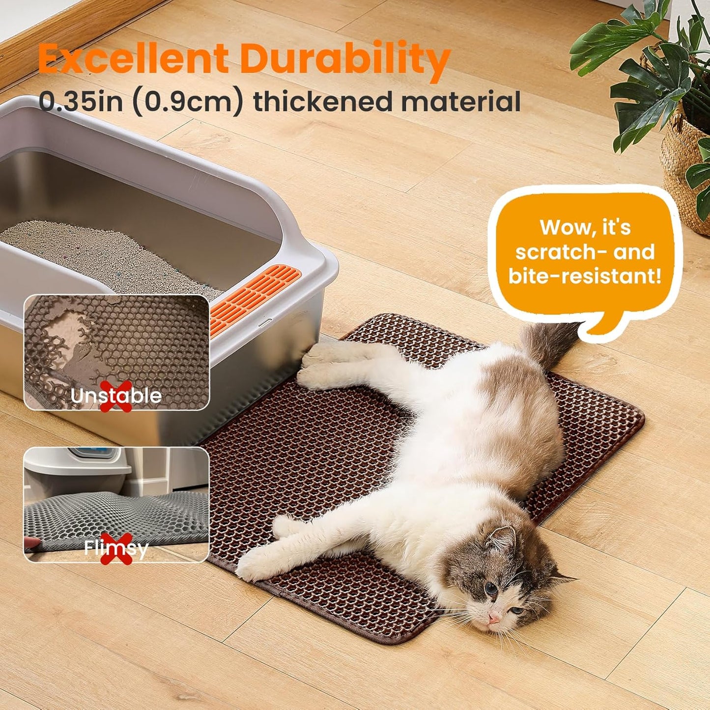 Cat Litter Mat, 24x18 Inches Large Double Layer Honeycomb Cat Litter Trapping Mat, Non Slip Waterproof Urine Proof Cat Litter Box Mat for Floor, Kitty Litter Rug, Cat Supplies, Brown