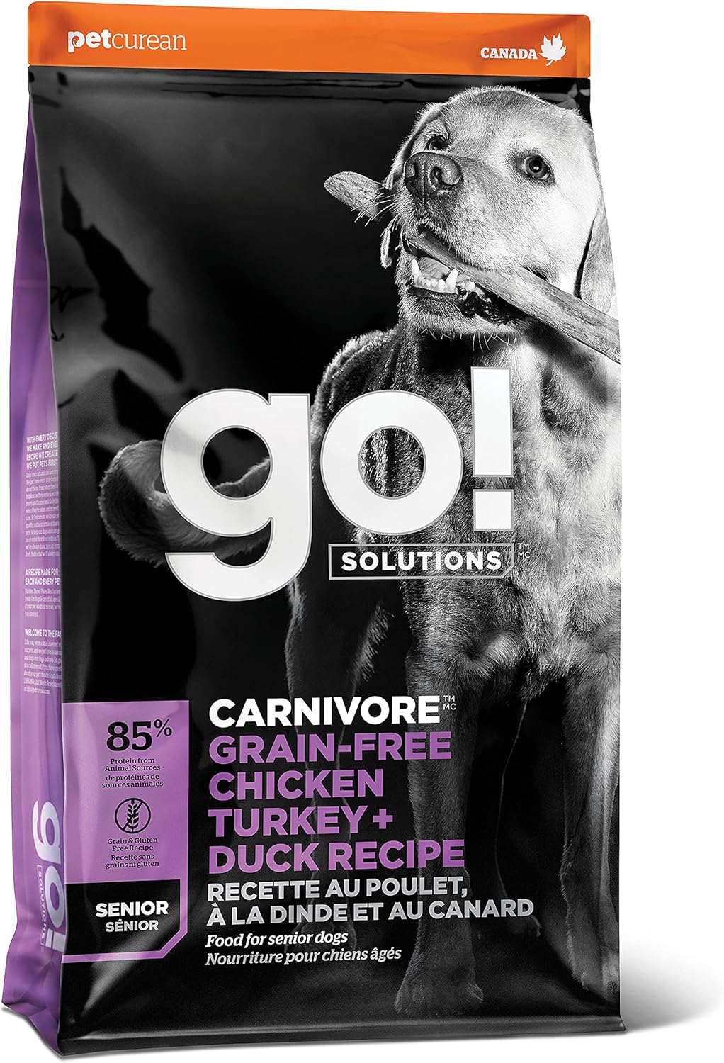 Go! Solutions Carnivore, Grain-Free, Protein Rich Dry Dog Food, Chicken, Turkey and Duck Senior Recipe, 12 lb Bag