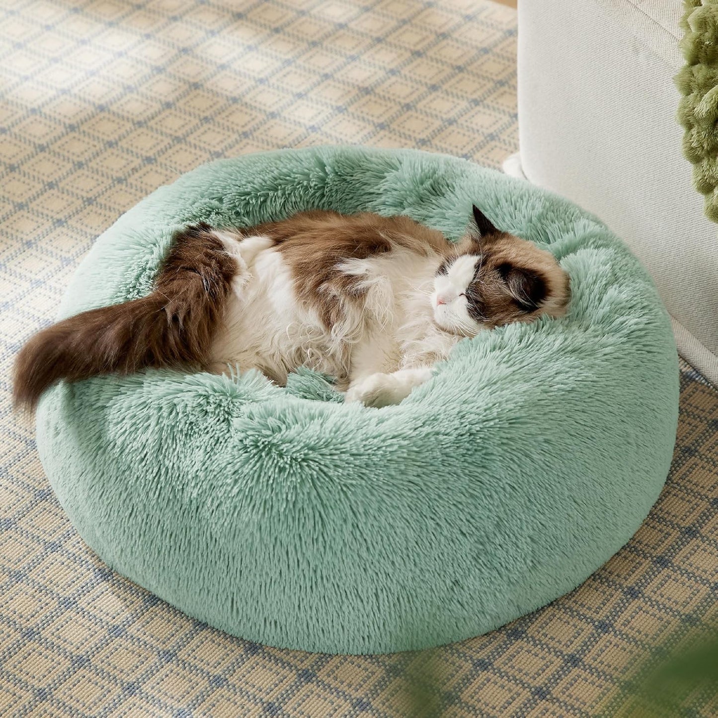 Bedsure Calming Cat Beds for Indoor Cats - Small Cat Bed Washable 20 inches, Anti-Slip Round Fluffy Plush Faux Fur Pet Bed, Fits up to 15 lbs Pets, Garden Green
