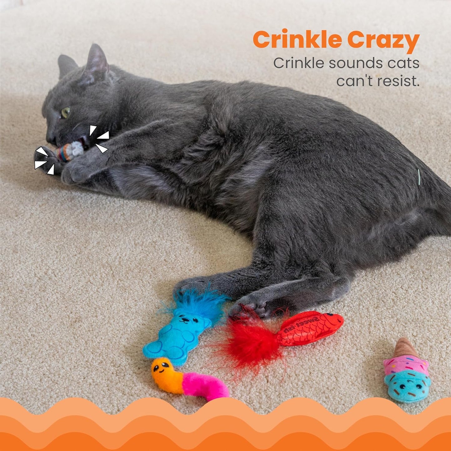 Catstages Kitty Sweet Treats, 6-Pack Catnip Plush Toys with Crinkle & Feathers, Multicolored