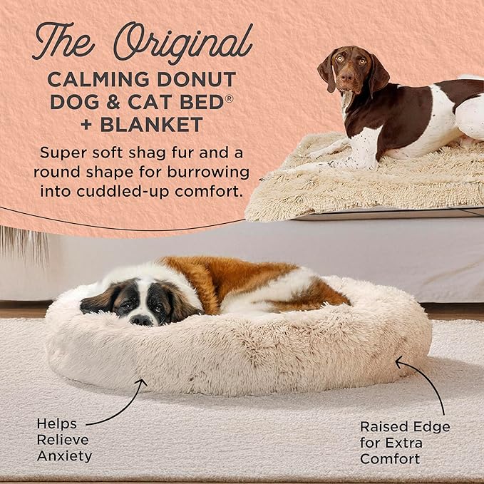 Best Friends by Sheri Bundle Set The Original Calming Shag Donut Cuddler Cat and Dog Bed + Pet Throw Blanket, Taupe, Extra Large, 45x45