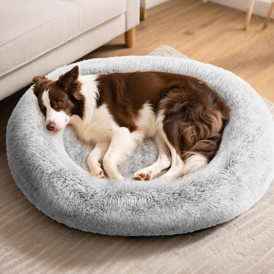 Orthopedic Calming Dog Bed for Large Dogs, Anti Anxiety Pet Beds with Supportive Foam, Removable Washable Oval Pets Couch, Fluffy Cuddle Bolster Cushion, Light Grey