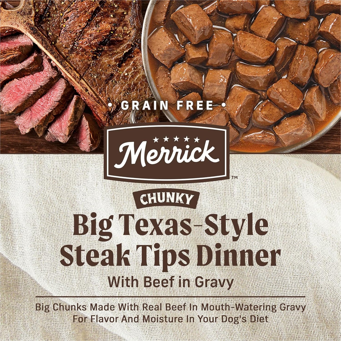 Merrick Chunky Grain Free Premium And Wholesome Canned Dog Food, Real Meat Big Texas Steak Tips Dinner - (Pack of 12) 12 ct. Cans
