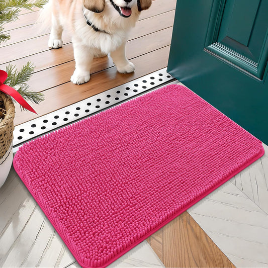 OLANLY Dog Door Mat for Muddy Paws 30x17, Absorbs Moisture and Dirt, Absorbent Non-Slip Washable Doormat, Quick Dry Chenille Mud Mat for Dogs, Entry Indoor Entryway Carpet for Inside Floor, Hot Pink