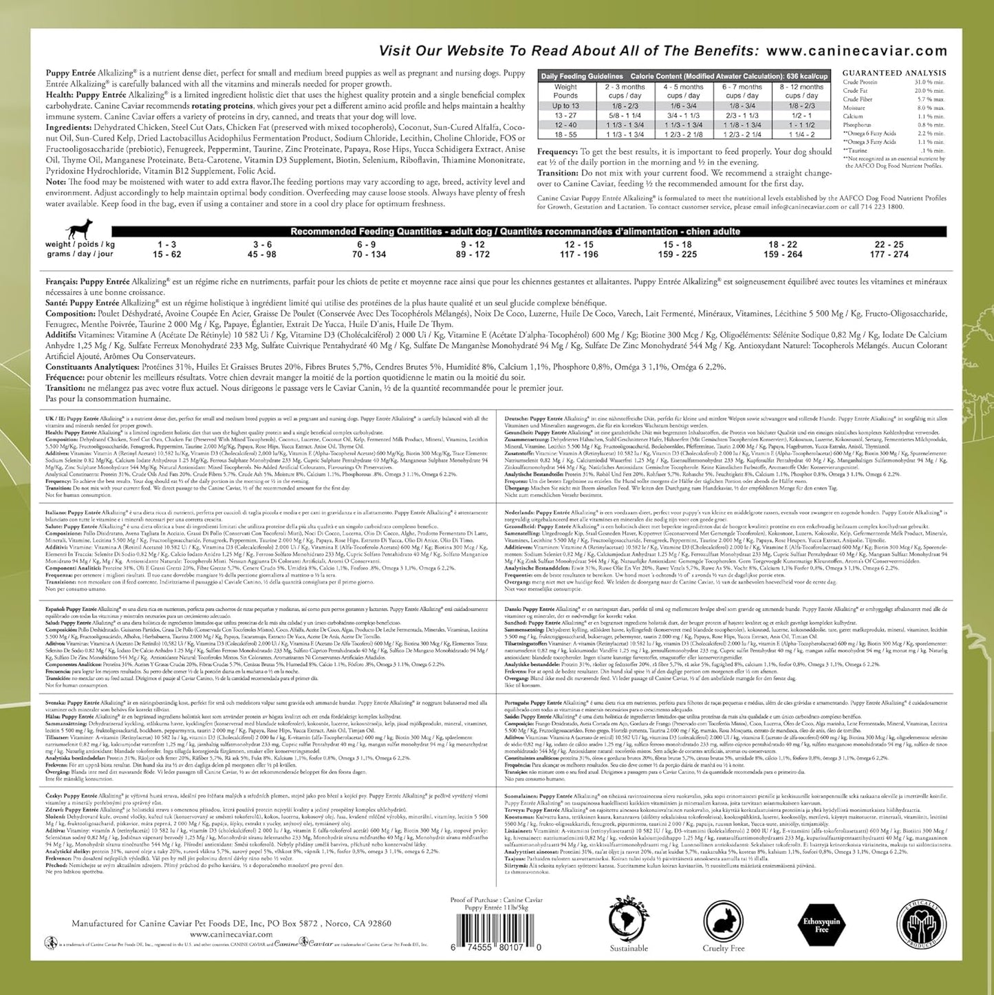 Canine Caviar - Grain Free Puppy: Chicken & Split Peas Alkaline Dry Dog Food, Limited Ingredients, Gluten-Free, Based on Science & Research, Veterinary Alternative Diet (11 Pound Bag)