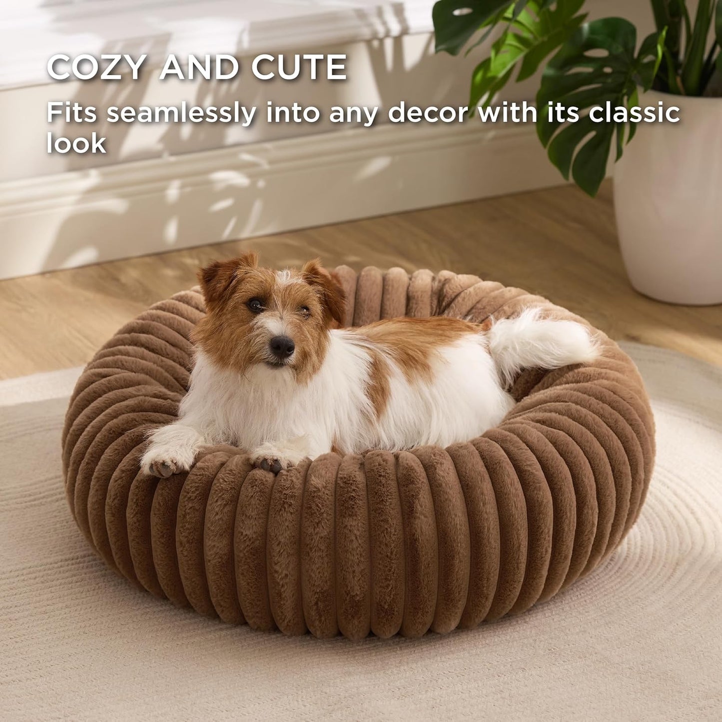 Bedsure Donut Small Dog Bed - Dog Beds for Small Dogs with Corduroy Fleece & Anti Slip Bottom, Round Faux Fur Pet Beds with Washable Removable Cover, Copper Brown, 27x27x8 inches