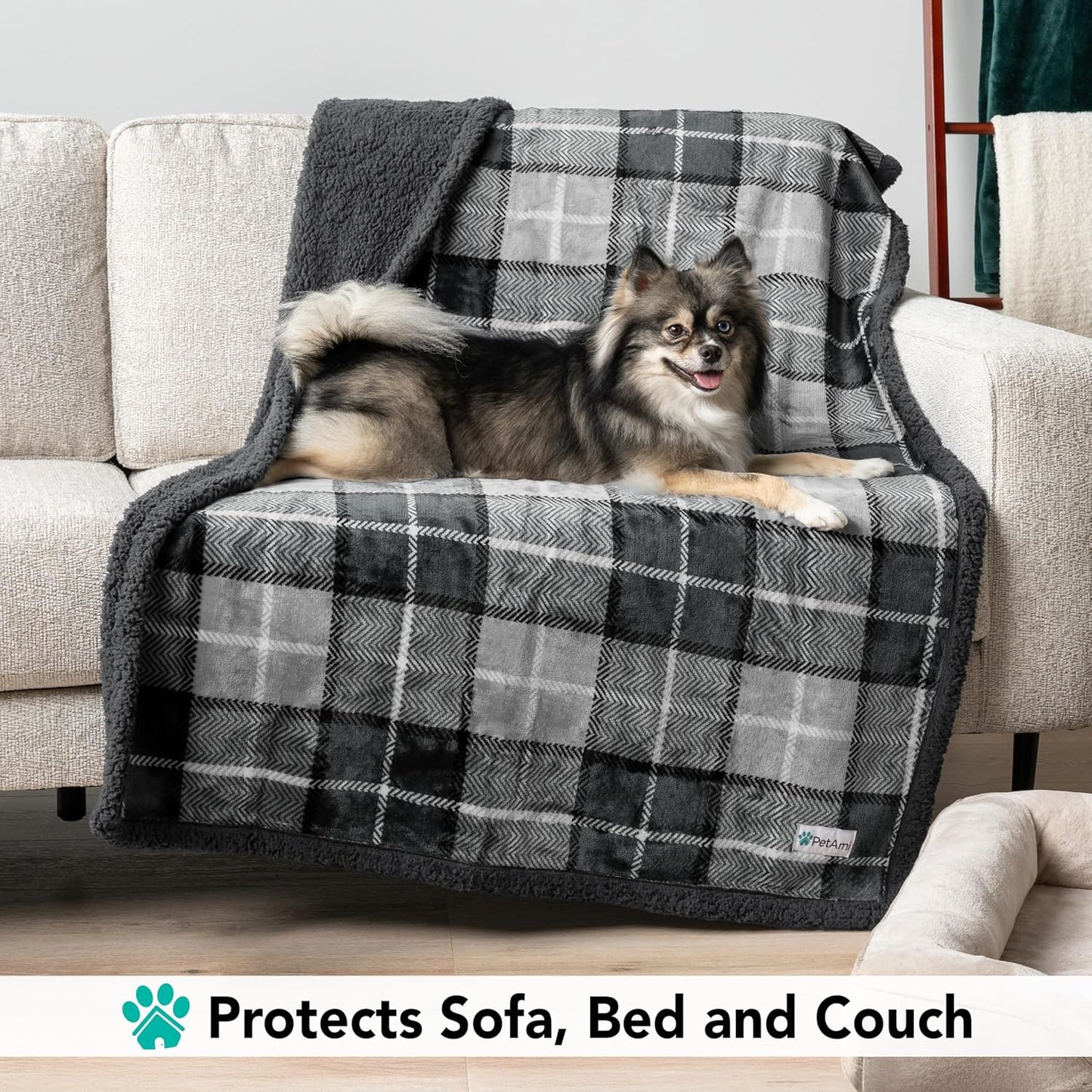 PetAmi Dog Blanket for Bed, XL Pet Blanket Large Dogs, Fleece Furniture Couch Cover Protector Sofa Car Crate Kennel, Soft Sherpa Cat Throw Plush Reversible Washable, Twin 60x80 Plaid Dark Gray