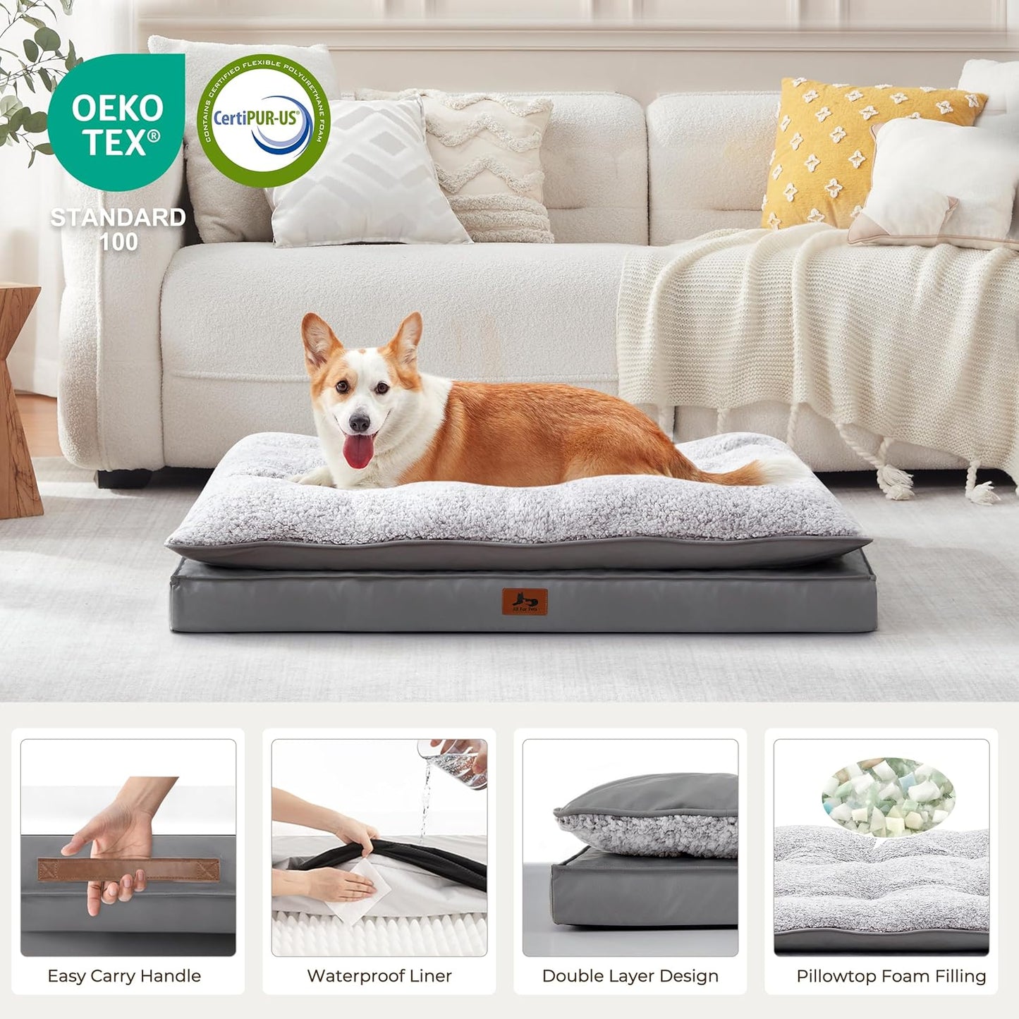 Orthopedic Dog Bed for Ctrate, Waterproof PillowTop Pet Bed for Medium Large Size Dogs, Egg-Crate Foam Dog Crate Mat with Removable Washable Cover, 2-Layers Kennel Pad 36"L x 27"W, Dark Grey