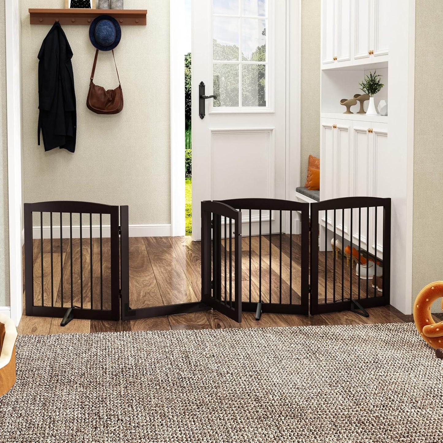 Freestanding Dog Gate with Door, Pet Gate for Stairs, 80 inch Wide Pet Barrier Indoor, Dog Fences Indoor, Support Feet Included, 4 Panels, 24" Tall, Dark Brown