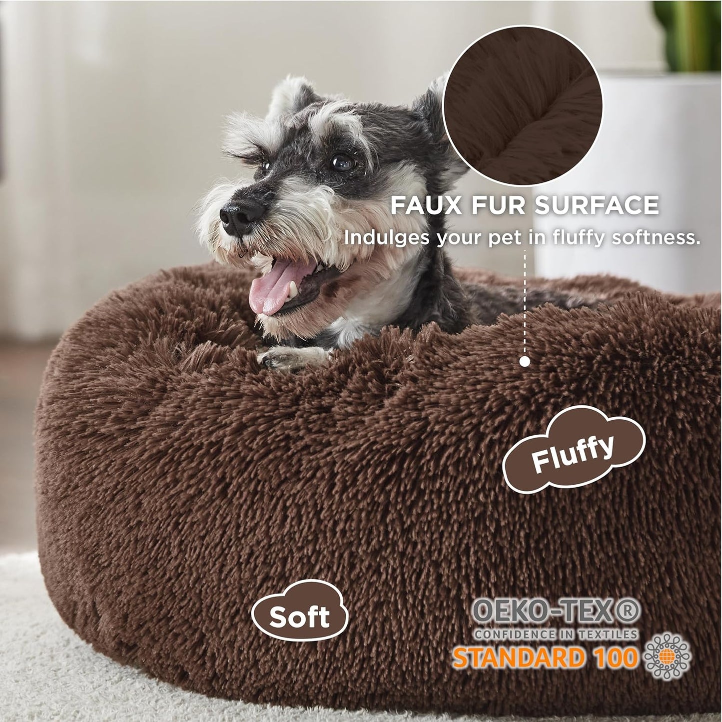 Bedsure Calming Dog Bed for Small Medium Dogs - Donut Washable Medium Pet Bed, 27 inches Anti-Slip Round Fluffy Plush Faux Fur Cat Bed, Coffee