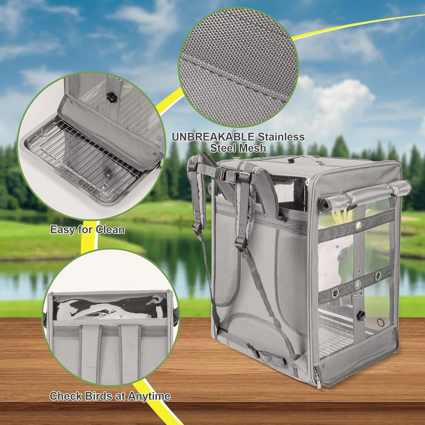 Suertree Bird Carrier Travel Cage, Cockatoo Carrier, Parrot Travel Backpack with Unbreakable Stainless Steel Mesh, Perch, Water Bottle and Food Bowl, X-Large Grey